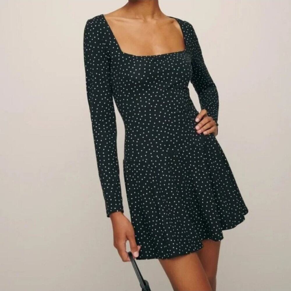 Reformation Black Polka Dot Square-Neck Long-Sleeve Mini Dress